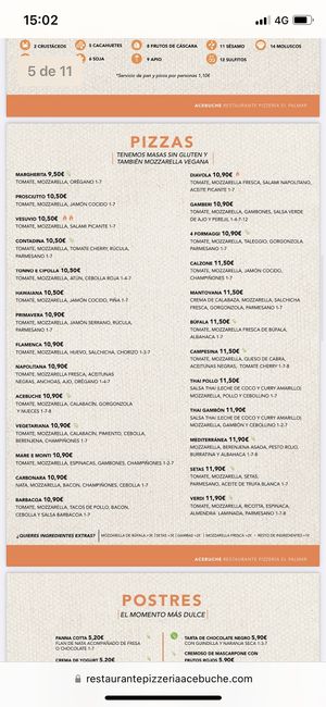 Carta de pizzas  at Pizzeria Acebuche in Vejer De La Frontera
