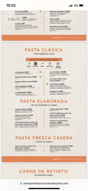 Carta de pasta  at Pizzeria Acebuche in Vejer De La Frontera