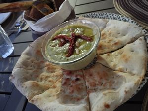 Hummus and foccacia at Pizzeria Acebuche in Vejer De La Frontera