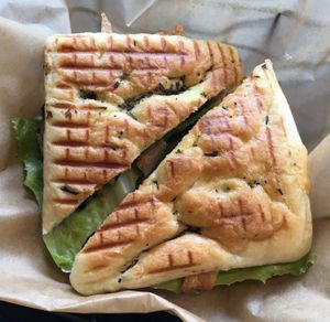 "Chik'n" mushroom focacia sandwhich. at NuLeaf - Hell's Kitchen in New York City