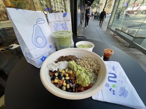 Great meal - Chorizo Fiesta bowl with the Green Power smoothie and an extra side of guacamole with chips  at NuLeaf - Hell's Kitchen in New York City