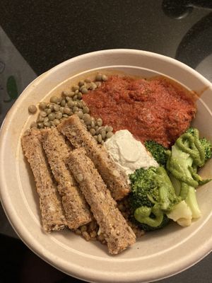 Protein Bowl - “meat”balls, lentils, gremolata farro, tofu ricotta, broccoli, tomato sauce, pesto, 12 grain garlic toast  at NuLeaf - Hell's Kitchen in New York City