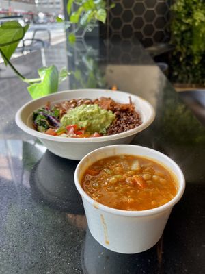 Picnic bowl & hot lentil soup 😋 great meal to fill the stomach and nourish the body after a long flight   at NuLeaf - Hell's Kitchen in New York City
