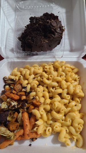 Vegan 3 cheese mac with balsamic veggies and German chocolate cake at Poppies Cafe in Wichita