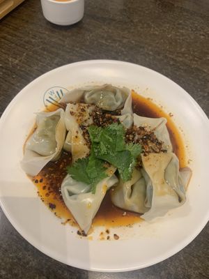 Homemade chilli oil wontons (my fav, ate them all to myself!!)   at Karma Tea House in Wollongong