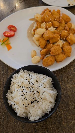 Vegan honey chicken and rice at Karma Tea House in Wollongong