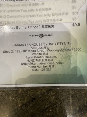 Menu  at Karma Tea House in Wollongong