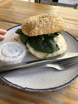 The BREAKFAST ONE without meat and jalapeño cream cheese on the side  at Pom Pom Bagels in Lagos