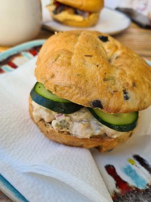 Chickpea and salad bagel at Pom Pom Bagels in Lagos