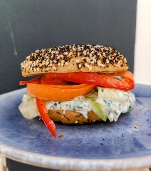 vegan tzatziki and fresh ribboned vegetables at Pom Pom Bagels in Lagos