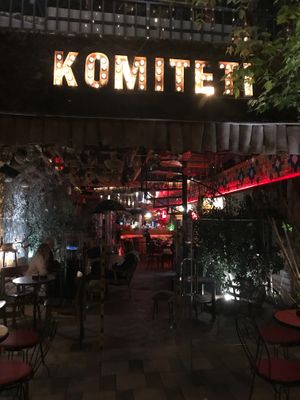 Komiteti lit up in the night. at Komiteti in Tirana