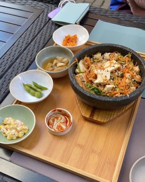 Bibimbap with tofu and sides. All vegan except the corn side, which my vegetarian friend ate. Was delicious! I recommend having a tea with your meal (Yuja is my personal fav).  at Restaurant ON in Heidelberg