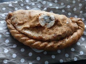 Delicious vegan butternut squash, spinach and vegan feta wholemeal pasty at The Tuck Box in Lynmouth