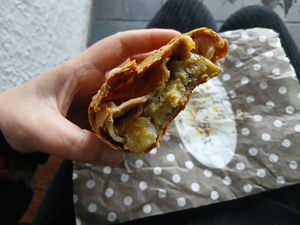 Delicious vegan butternut squash, spinach and vegan feta wholemeal pasty at The Tuck Box in Lynmouth