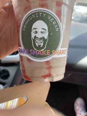 Cookies & Cream Shake w/Strawberry Cake topping at Community Vegan in Austin