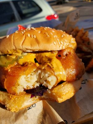 Close up of cauliflower chikin at Community Vegan in Austin