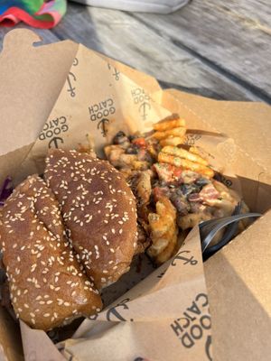 Fried Cauli Chik'n Sandwich with Waffle Fries topped with Chili & Cheese 🤤 Goot Lawt  at Community Vegan in Austin