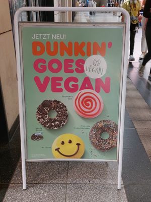 Advertising for the new vegan donut range  at Dunkin' in Mannheim