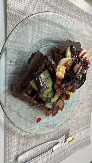 Chocolate oat banana waffles  at Biomio Brunch Ecológico in Sevilla