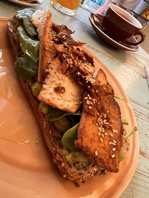 Bread variation on the avocado cream, spinach etc. toast...  at Biomio Brunch Ecológico in Sevilla