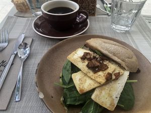 Breakfast sandwich with tofu and coconut bacon.   at Biomio Brunch Ecológico in Sevilla