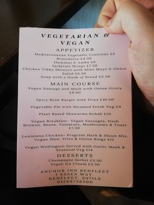 Menu at The Anchor Inn in South Benfleet