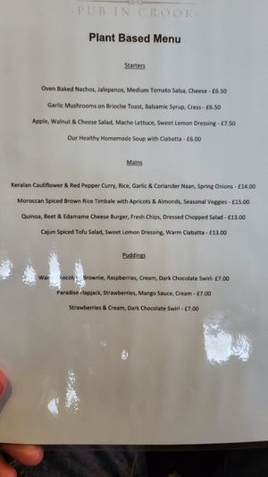 Plant based menu at The Sun Inn at Crook in Kendal