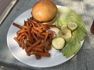 Meatless Burger with Sweet Potatoes Fries  at Skoog's Pub & Grill in Utica