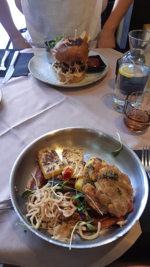 Vegetable balls (vegan possible on demand) with polenta, onions and vegetable. Veggy Burger (vegan). at Ružmarin in Opatija