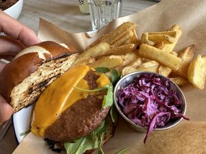 Moving Mountains burger. The best of the best (even better than Beyond burger) with vegan cheese  at Cafe On The Green in Widecombe In The Moor