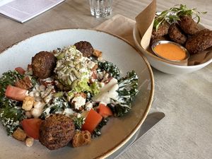 Kale falafel and chickpea salad with cashew sauce. Amazing!!  at Cafe On The Green in Widecombe In The Moor