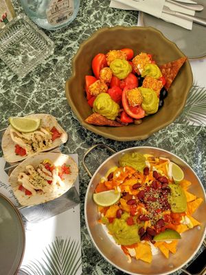 Such a delicious food! Tofu tacos and nachos! The best ever!!! at Majestic in Crete