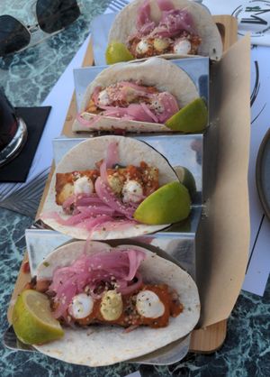 Soft shell tacos with onions on top at Majestic in Crete