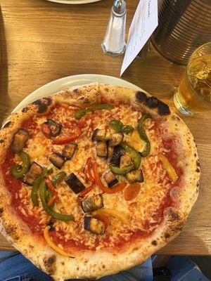 Tomato sugo, vegan mozzarella, aubergine, peppers, basil, extra virgin olive oil  at Salerno Pizza in Edinburgh