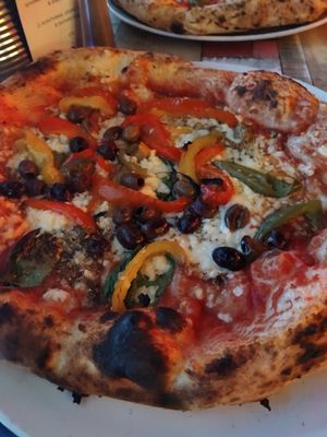 Olives and pepper vegan pizza at Salerno Pizza in Edinburgh