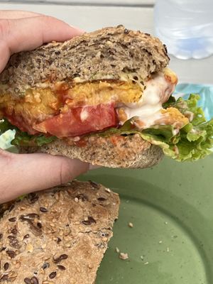 Delicious vegan burger. They also have vegan mayo and cheese   at Pimpinelas Coffe Shop Vegetariano in Santa Cruz Madeira