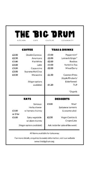 The menu, also available on The Big Drum’s Facebook page  at The Big Drum in Canterbury