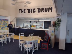 The counter and a couple of tables and chairs
 at The Big Drum in Canterbury