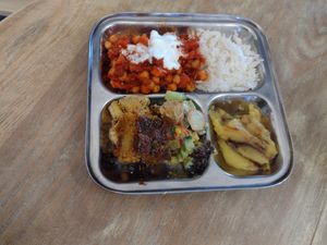 Our partially consumed meal, all vegan at The Big Drum in Canterbury