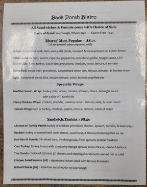 Front side of Menu at Back Porch Bistro in Ellijay