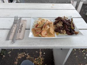 Thai curry, Greek style tofu, fried broccoli   at Sattgrün - Flingern in Dusseldorf