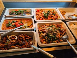 1 of the 3 sections of hot dishes at Sattgrün - Flingern in Dusseldorf