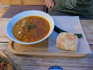 Yum veg soup with a hot chili and bread at La Placinte - Ла Плэчинте in Chisinau