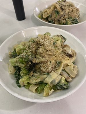 fettuccine alfredo + veggie sausage! (a must)  at Christopher's Kitchen in Palm Beach Gardens