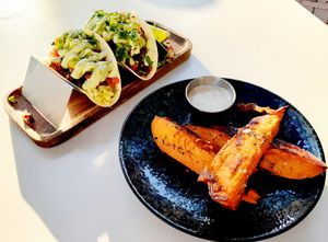 Spicy noChorizo Vegan & Vegetarian Soft Tacos with the famous sweet potato wedges - super delicious!!! at Christopher's Kitchen in Palm Beach Gardens
