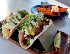 Spicy Chorizo Vegan & Vegetarian Soft Tacos with the famous sweet potato wedges at Christopher's Kitchen in Palm Beach Gardens