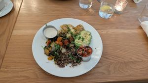 Brunch Saute: quinoa, zucchini, spinach, onion, peppers, potato, avocado, Pico de gallo! Loved it! at Christopher's Kitchen in Palm Beach Gardens