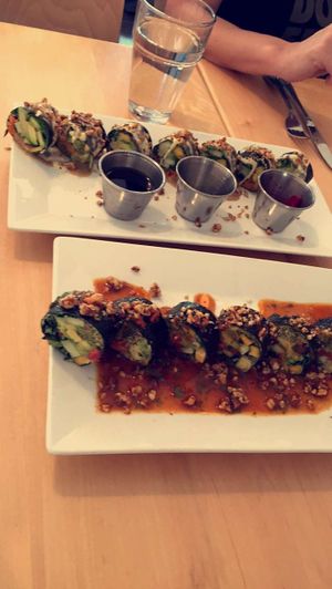 Top:  Avocado Ginger Roll. Pretty good if you like almonds or tahini.
Bottom: NYC Roll. Very GOOD. The sauce is not too spicy but I'd recommend it if you want a roll.   at Christopher's Kitchen in Palm Beach Gardens