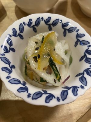 Nice little chunk of tofu under that lotus root   at Chahororok Tea House in Seoul