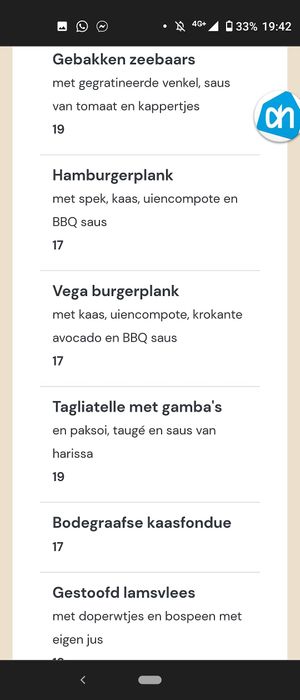 Diner menu main vega at De Munt in Bodegraven